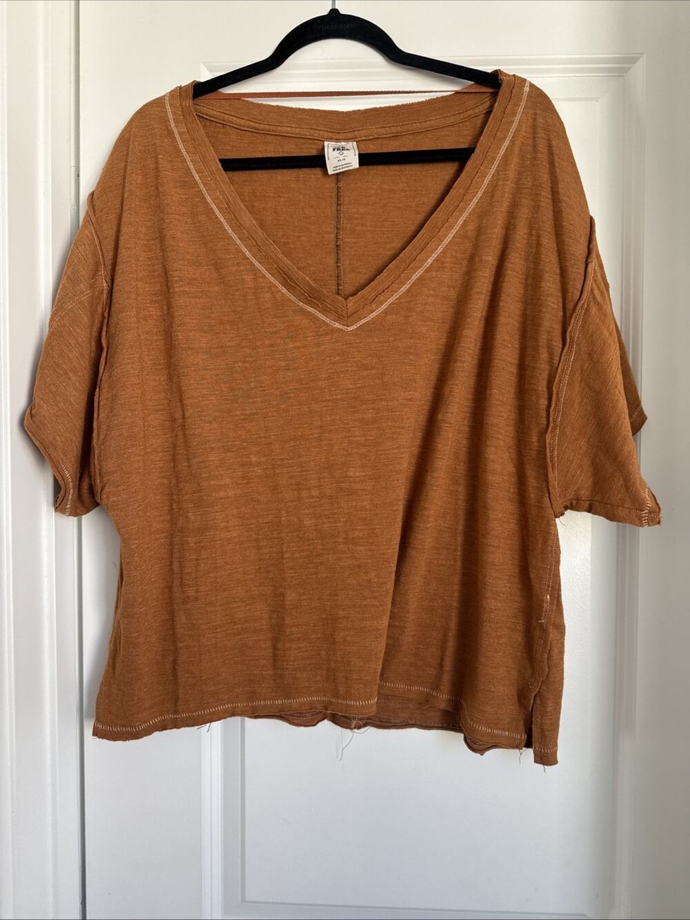 We The Free People V Neck Cotton Rust Burnt Orange OVERSIZED Relaxed Fit Size XS